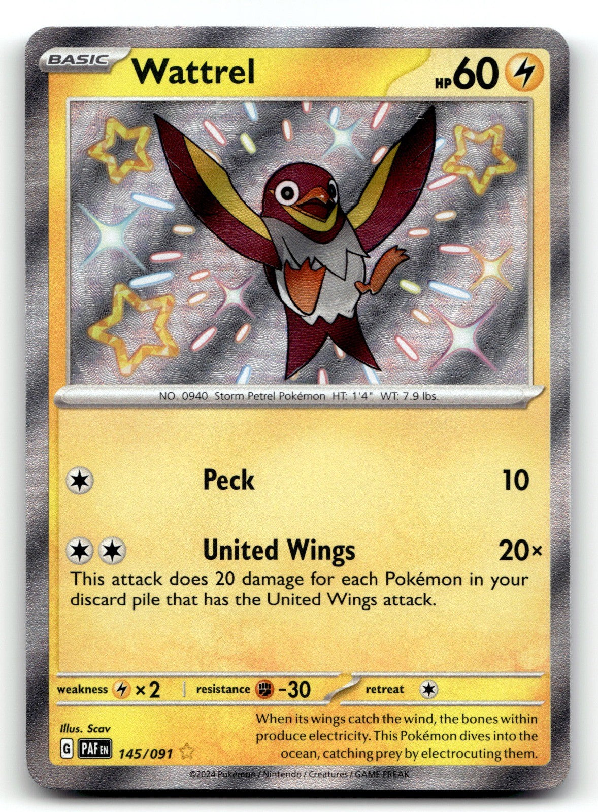 Wattrel Holo Shiny Rare SV: Paldean Fates 145/091 NM